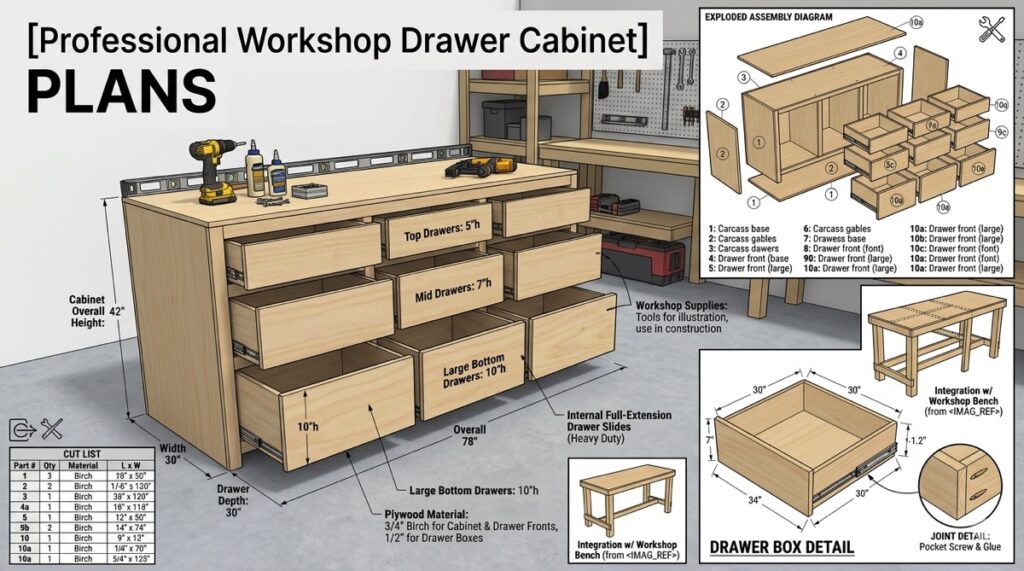 Professional workshop drawer cabinet plans