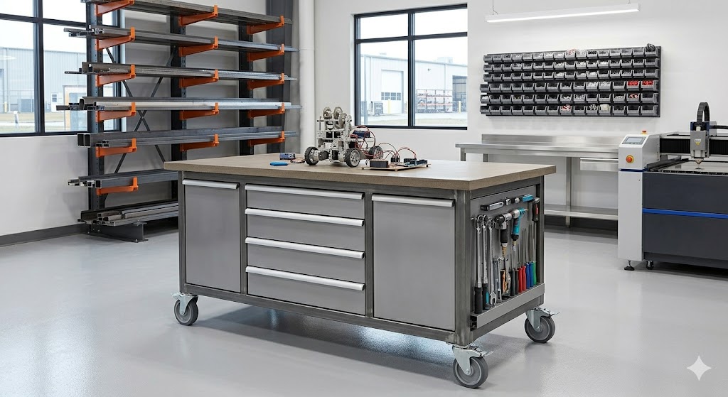 Rolling Assembly Table with Integrated Storage