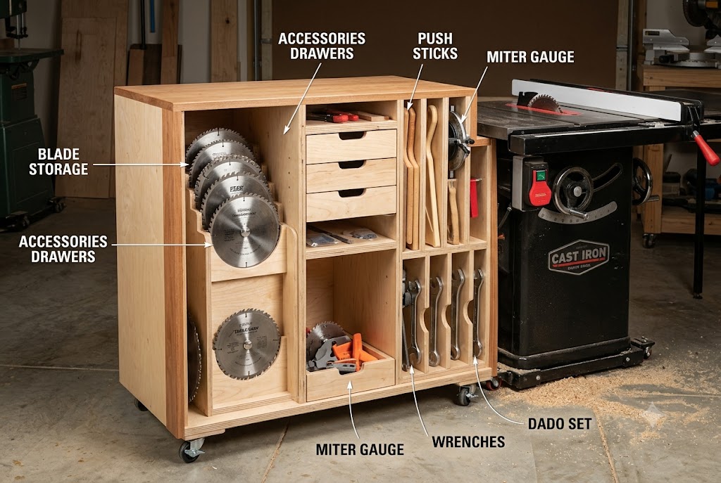 table saw blade and accessory cabinet